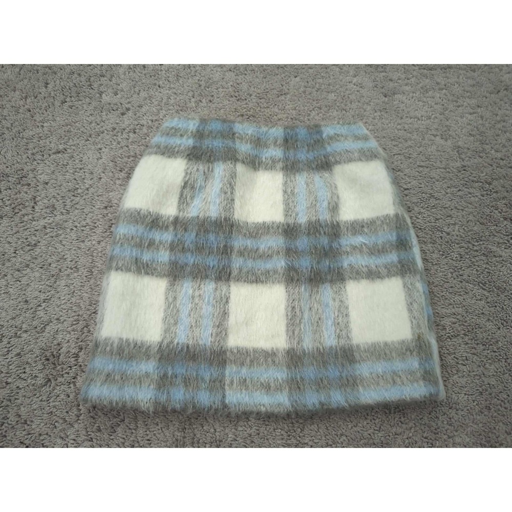 Versona Mini Skirt Womens 0 Blue Plaid Fuzzy Faux Mohair Lined Side Slit